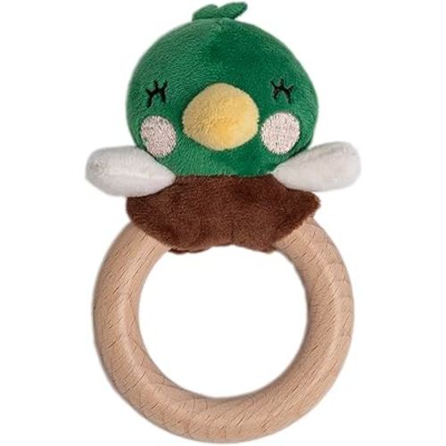 Pearhead Mallard Duck Wooden Teething Ring, Soft Plush Lovey Baby Teether, Natural Wood Infant Rattle Toy for Teething Relief, BPA-Free Newborn Teether Ages 0m+