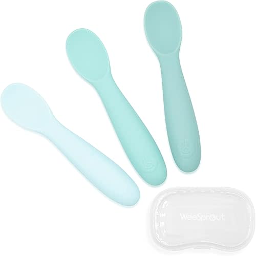 WeeSprout Baby Spoons for Self Feeding 6 Months +, Soft & Durable Silicone Utensils for Sensitive Gums & Teeth, Easy Grip Handles & Shorter Length for Little Hands, 3 Pack + Carrying Case