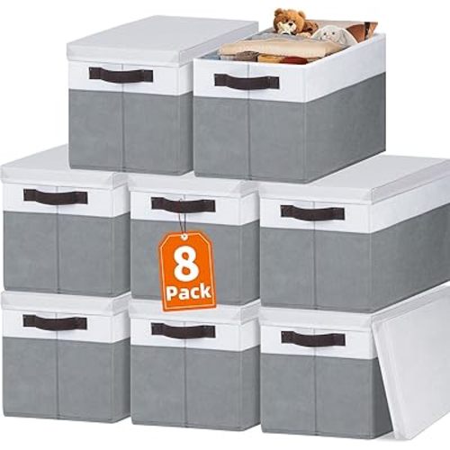 Criusia 8 Pack Closet Storage Bins with Lids - Stackable Storage Baskets for Organizing Clothes Toys Blankets - Odorless for Baby Nursery Organization and Storage Boxes Totes for Bedroom Dorm Room