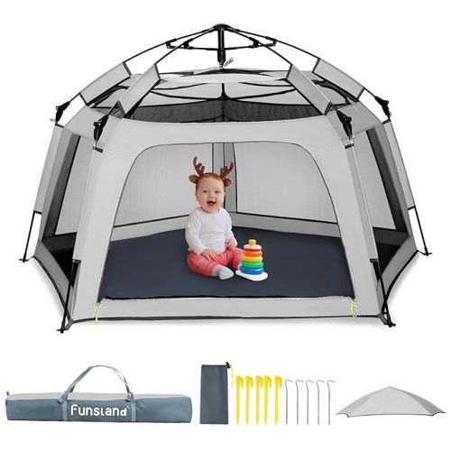Baby Playpen Pop-up Tent - Outdoor & Indoor Play Tent for Beach with Canopy Travel Bag Portable Play Yard for Babies & Toddlers (Gray)