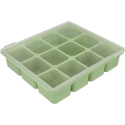 Silicone Freezer Tray, Baby Food Storage Cubes with Clip-On Lid, Freeze Baby Food, Soups, Purees, Ice, Easy and Safe Design, Made in Korea (12, Celadon Green)