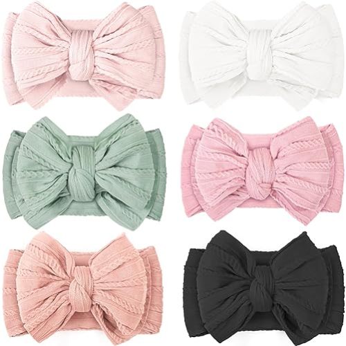 CÉLLOT 6 Pcs Super Stretchy Soft Handmade Headbands with Double Bows Head Wrap Nylon Hair Accessories For Newborn Babies Girls Infants Toddlers