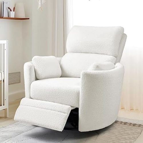 Jocisland Power Swivel Rocking Recliner, Nursery Chair for Adults Reclining Glider with 4 Massage, 2 Pillows, USB & Type-C Charge,Barrel Armchair Single Sofa for Living Room Bedroom, White