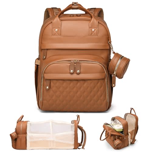 Leather Diaper Bags with Changing Station，Baby Bag，Large Capacity Diaper Bag Backpack for Moms Dads,Waterproof Diaper Backpack（Brown）