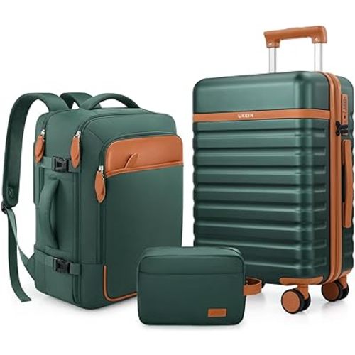 Luggage Sets 3 Piece, Carry On Luggage 20 Inch With Spinner Wheels,PC Hardside Suitcase Set with TSA Lock,Durable Carry On Suitcase With Travel Backpack for Men Women (Green, 3 piece set (20inch))