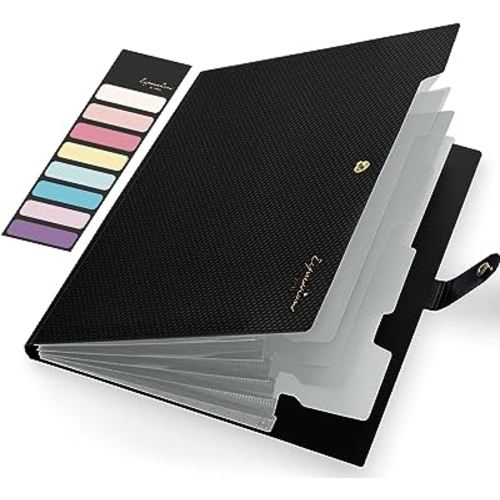 Sooez Cute Folders, 5 Pocket Folder with Labels, Letter Size Expanding File Organizer, Portable Accordion Folders for Documents, Aesthetic Paper Organizer for School Office, Black
