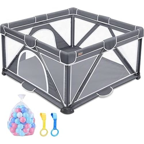 Foldable Baby Playpen, Yobear Playpen for Babies and Toddlers with 50 PCS Ocean Balls & 2 Handles, Indoor & Outdoor Kids Safety Play Pen Area, Portable Travel Play Yard (Black, 50" × 50")