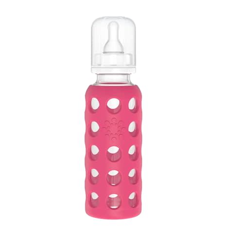 Lifefactory 9-Ounce Glass Baby Bottle with Stage 2 Nipple and Protective Silicone Sleeve Raspberry