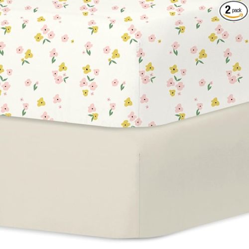 Little Grape Land Crib Sheets 2 Pack for Boys and Girls, Baby Neutral Crib Fitted Sheets for Standard Crib & Toddler Mattress, Super Soft Breathable Fitted Crib Sheet Set, Yellow Petal
