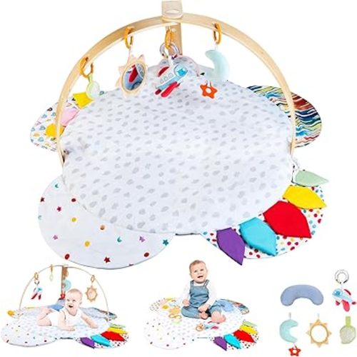 Wooden Baby Activity Gym with Detachable Sensory Toys | Montessori Developmental Play Gym for Infants | Wooden Frame Baby Toy | Foldable Baby Gym