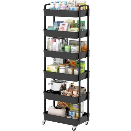 Sywhitta 6-Tier Plastic Rolling Utility Cart with Handle, Multi-Functional Storage Trolley for Office, Living Room, Kitchen, Movable Storage Organizer with Wheels, Black