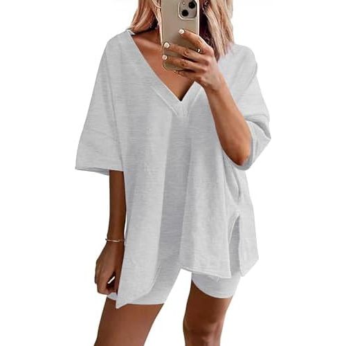 Ekouaer Womens Pajamas 2 Piece Lounge Sets Oversized V Neck T-Shirts Tops Biker Shorts Set Workout Reversible Tracksuit S-XXL