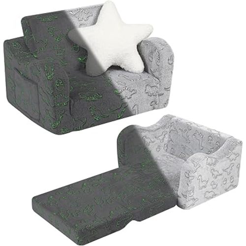 Toddler Couch, 2-in-1 Kids Soft Couch Fold Out with Star Pillow, Foldable Sofa to Lounger, 1-Seat, Glow in The Dark