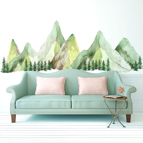 Kingarch Large Mountain Wall Decals, Green Pine Tree Peel and Stick Vinyl Wall Stickers & Murals, Removable Home Room Wall Decor for Bedroom Living Room Bedroom Classroom Office Nursery