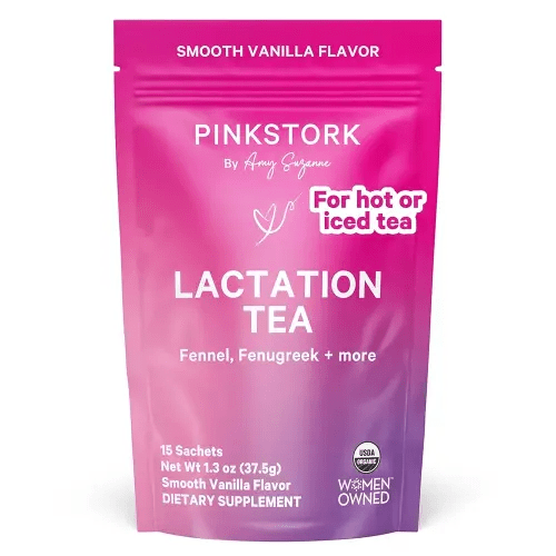 Pink Stork Organic Lactation Support Tea for Breast Milk Supply - Fenugreek, Milk Thistle, + Fennel - Breastfeeding Essentials, Caffeine-Free - Hot or Iced - 15 Sachets, Smooth Vanilla