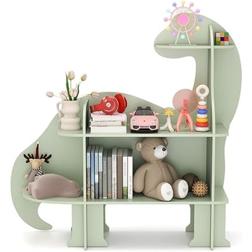 Costzon Dinosaur Kids Bookshelf, 3-Tier Wooden Children's Bookcase, Toy Storage Organizer, Montessori Book Shelf for Kids Room, Playroom, Nursery, Kindergarten, Green