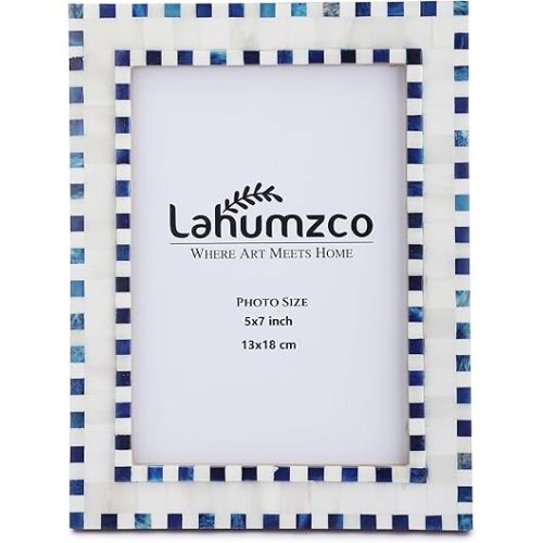 Bone Picture Photo Frame Checkered Pattern Beading Art Inspired Vintage Table-Top/Wall Décor Handmade Frames (5x7 Inches, Blue,White)