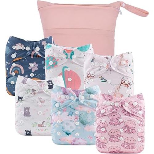 babygoal Cloth Diaper Covers 6 Pack with Wet Bag for Fitted Diapers and Prefolds with Double Gussets, Adjustable and Reusable for Baby Girls