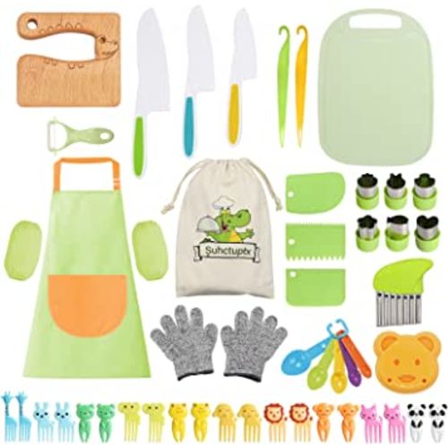 50PCS Kids Kitchen Cooking Set - Crocodile Wooden Kid Safe Knife Cutting Board Apron Gloves Fruit Vegetable Crinkle Cutters Peeler Serrated Edges Plastic Toddlers Knives, Kids Knifes for Real Cooking