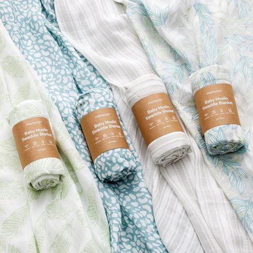 Momcozy Muslin Swaddle Blankets, 4 Pack, Ultra Soft, Neutral Matching, Breathable 2-Layer Gauze Large 47'' x 47'' Baby Swaddling Receiving Blanket Wraps for Newborn Boys Girls, Leaves