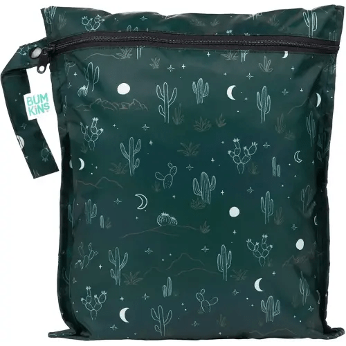 Bumkins Waterproof Wet Bag for Baby, Travel, Swim Suit, Cloth Diapers, Pump Parts, Pool, Beach, Gym Clothes, Toiletry, Hook to Stroller, Daycare, Zipper Reusable Wetdry Packing, Starry Cactus Dk Green