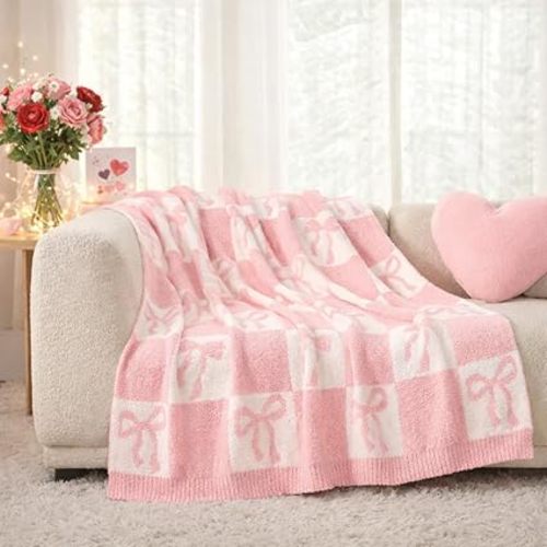 Snuggle Sac Bow Throw Blanket for Couch, Microfiber Fluffy Warm Cozy Fuzzy Reversible Checkered Blankets for Sofa, Chair, Bed, 50x60 inches for Valentine’s Day Gifts