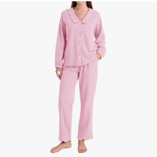 PEHMEA Women's Plaid Pajamas Set 2 Piece Cotton Gingham Sleepwear Puff Sleeve Scalloped Babydoll Shirt Lounge Pj Sets