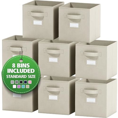 Fabric Storage Cubes for Cube Storage Organizer - 8 Pack Heavy Duty Storage Bins With Labels - 11 Inch Cube Storage Bin (Beige)
