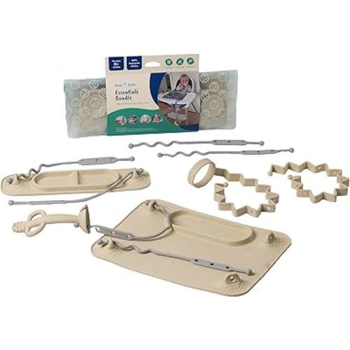 BUSY BABY Essentials Bundle New Parent Starter Kit - Suction Placemat, Mini Mat, Teether Spoon, Toy Bungee, Bottle Bungee, 6 Tether Straps, Wet Bag (Tan)