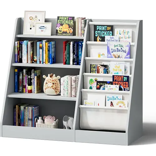 Gray 4 Tier Kids Wooden Bookshelf, Five Layer Sling Bookcase, Baby Storage Book Rack, Book and Toy Organizer Cabinet, Book Display, for Playroom, Bedroom, Toddler Room, Nursery,Classroom (Gray)