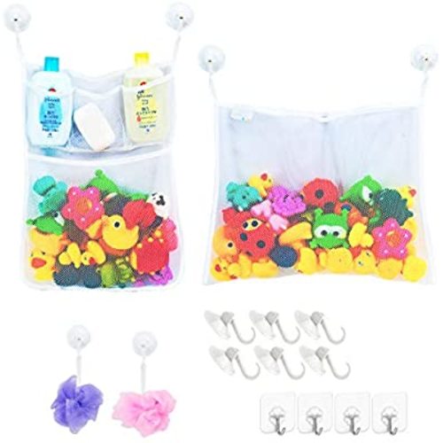 2 x Mesh Bath Toy Organizer + 6 Ultra Strong Hooks – The Perfect Bathtub Toy Holder & Bathroom or Shower Caddy – These Multi-use Net Bags Make Baby Bath Toy Storage Easy – For Kids & Toddlers - White