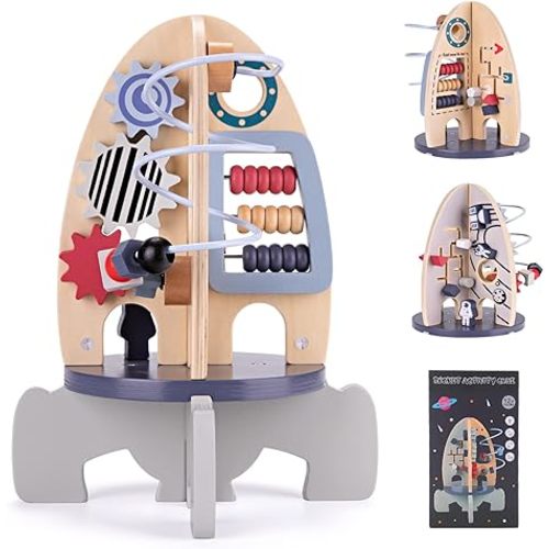 Wdmiya Space Wooden Activity Cube Toys for Baby, Montessoritoys for 1 Year Old Boy & Girl Birthday Gifts, Sensory and Educational 1st Birthday Gifts, Busy Board Toys for Baby Boy 6-18 Months (Rocket)