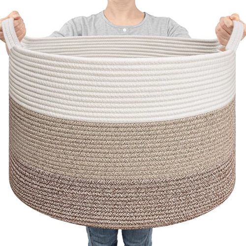 Goodpick Large Laundry Basket, Woven Rope Storage Basket for Blanket, Toy Bin for Baby Room, Nursery, Bedroom, Toys, 21.7'' x 13.8'', Light & Brown
