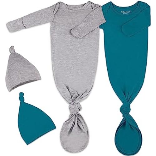2Pk Newborn Baby Knotted Gown, Super Soft Silky Infant Long Sleeve Sleeper for Baby Sleeping with Hat or Headband (2 Packs)
