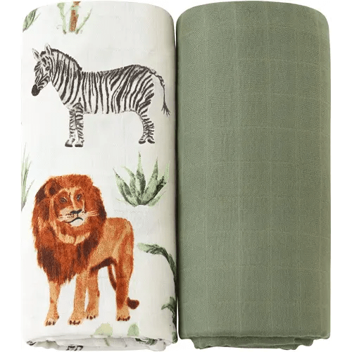 LifeTree Muslin Swaddle Blankets, Woodland Baby Swaddling Receiving Blanket for Boys & Girls, 70% Viscose from Bamboo and 30% Cotton, Large 47 x 47 inches Safari Jungle/Olive Green