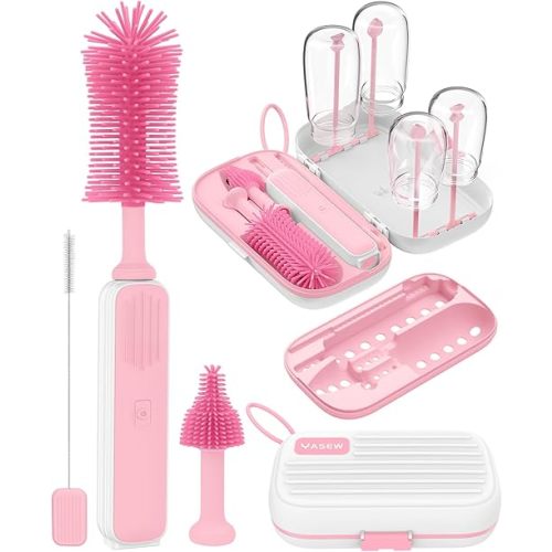 Electric Baby Bottle Brush Cleaner, Baby Travel Bottle Cleaner Kit- 2000mAh Rechargeable Silicone Brush, Drying Rack, Compact Storage Box, 360° Efficient Cleaning Bottle Brush for Home & On-The-Go