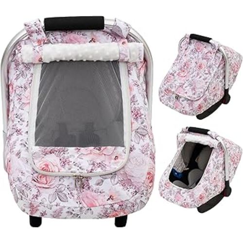 Car Seat Cover Baby Girls, Mink Dot Carseat Covers for Newborn with Breathable Mesh and Sun Shade Window, Warm Stretchy Infant Car Seat Canopy Snug Fit Baby Carrier, Stroller