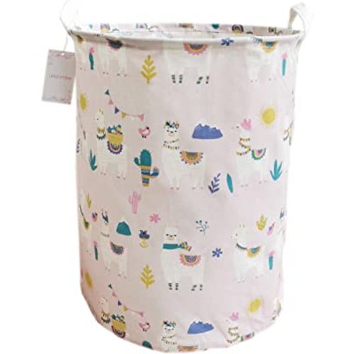 Laundry Hamper with Handles Collapsible Canvas Laundry Basket,Waterproof Storage Basket Home Organizer for Nursery,Clothes,Toys,Baby Hamper19.7×15.7(Pink Llama)