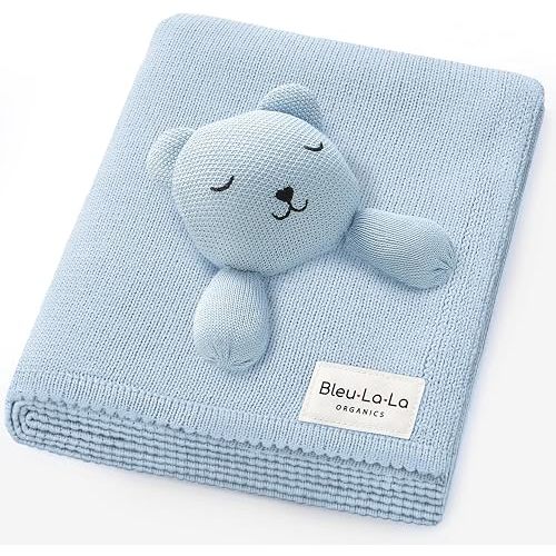 Bleu La La Blanket Lovey 100% Organic Cotton Baby Blanket with Comfort Lovey, Soft Security Blanket for Newborns & Toddlers (Bear- Sky Blue)