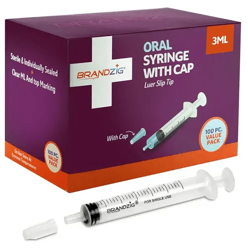 3ml Syringe With Cap (100 Pack) | Oral Dispenser Without Needle, Luer Slip Tip | Individually Wrapped Medicine Dropper For Infants & Pets