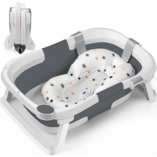 DEANIC Collapsible Baby Bathtub for Newborns, Portable Infant Bathtub with Soft Bath Cushion Support for 0-24 Months, Toddler Bath Tub with stand Indoor Travel (Grey)