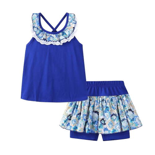 LittleSpring Little Girls Summer Outfits Floral Tank Top and Shorts 2 Pcs Short Set Casual Blue 5T