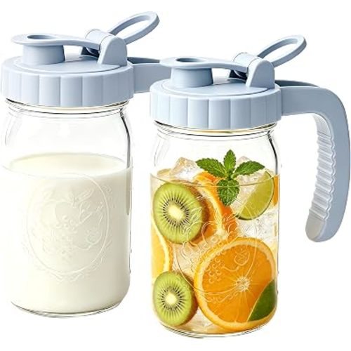 Glass 32 Oz Mason Jar Pitchers With Pour Lid 1 Quart Breast Milk Pitcher Wide Mouth Breastmilk Storage Jug Container For Fridge Coffee Creamer Iced Sun Tea Juices Lemonade Airtight 2 Set