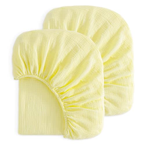 NTBAY 2 Pack Muslin Cotton Mini Crib Sheets, Soft and Breathable Double Layer 24x38 Baby Crib Sheets for Mini Crib and Toddler Mattresses, Boys, Girls, Unisex, Light Yellow, 24x38 Inches