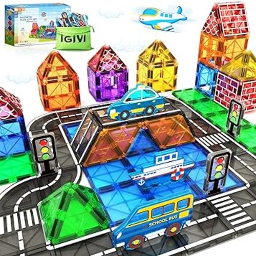 Kids Toys Magnetic Tiles - Road Set With Car Toys for 3+ Year Old Boys & Girls, Magnet Building Blocks Expansion Pack, STEM Construction Toys for Ages 5-7 4-8, Christmas Birthday Gifts for Toddlers
