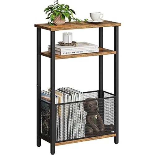 Narrow Side Table with Storage Basket Skinny End Tables for Smalls Spaces 3 Tier Sofa Table Small Nightstand Slim Bedside Table for Living Room Bedroom Rustic Brown MLBZ22RB