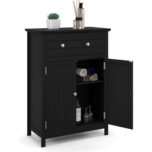 LOKO Bathroom Floor Cabinet, Kitchen Storage Cabinet with 1 Drawer, 2 Doors & 3-Position Adjustable Shelf, 2-Door Floor Storage Cabinet for Bathroom, Living Room, Entryway (Black)