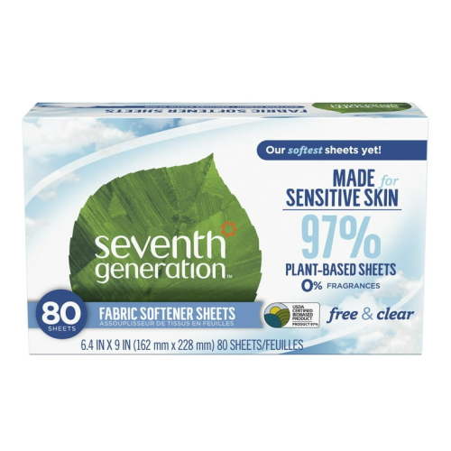 Seventh Generation Fabric Softener Dryer Sheets, Free and Clear, 80 Count