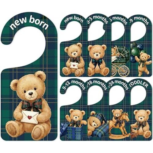 Whaline 8Pcs Tartan Bear Baby Closet Size Dividers Blue Green Plaid Bear Hanging Wooden Baby Closet Organizers Newborn to Toddler Infant Wardrobe Organizers for Home Nursery Bedroom