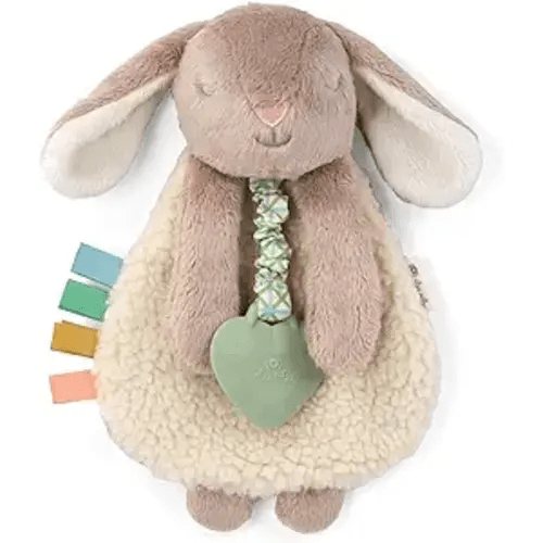 Itzy Ritzy - Itzy Lovey Including Teether - Baby Lovey with Teether, Textured Ribbons & Dangle Arms - Features Crinkle Sound, Sherpa Fabric and Minky Plush (Taupe Bunny)